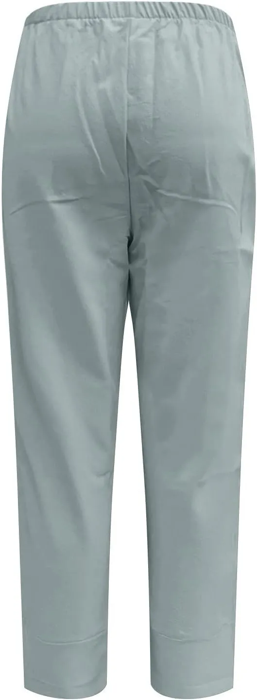 Women Summer Casual Cotton Linen Pants Loose High Waist Capris Lounge Trousers Wide Leg Cropped Pants for Casual