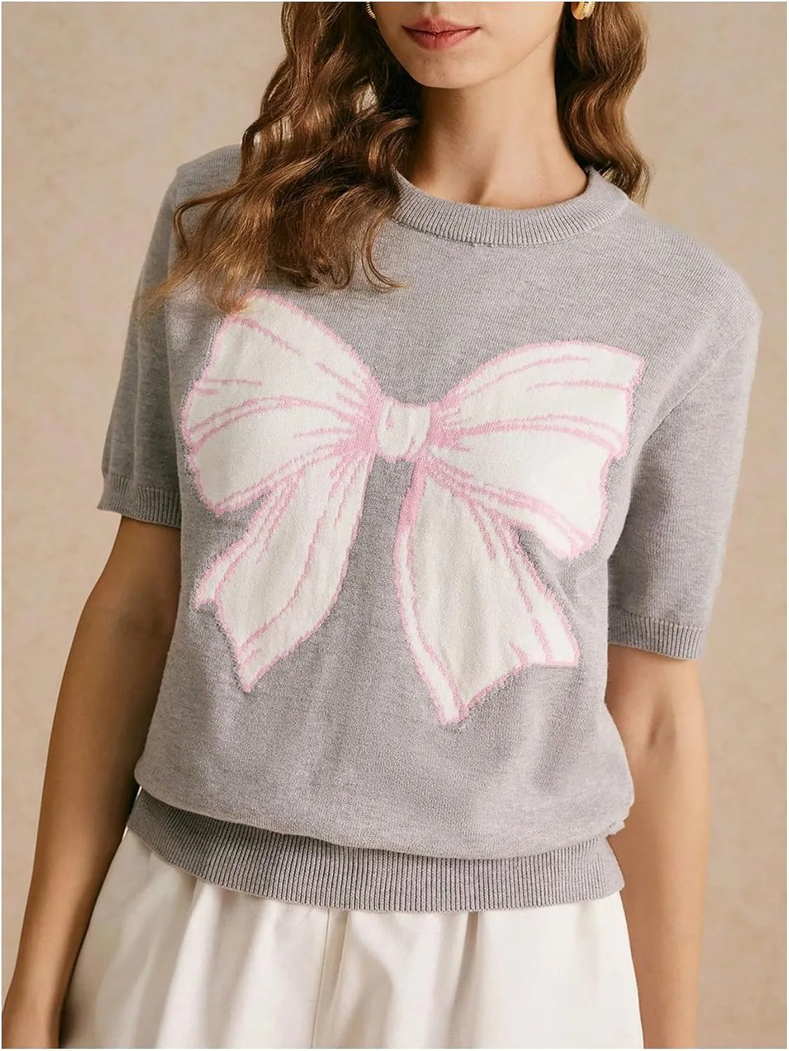 Women's Bow Print Crewneck Sweater Short Sleeve Knit Pullover Tops