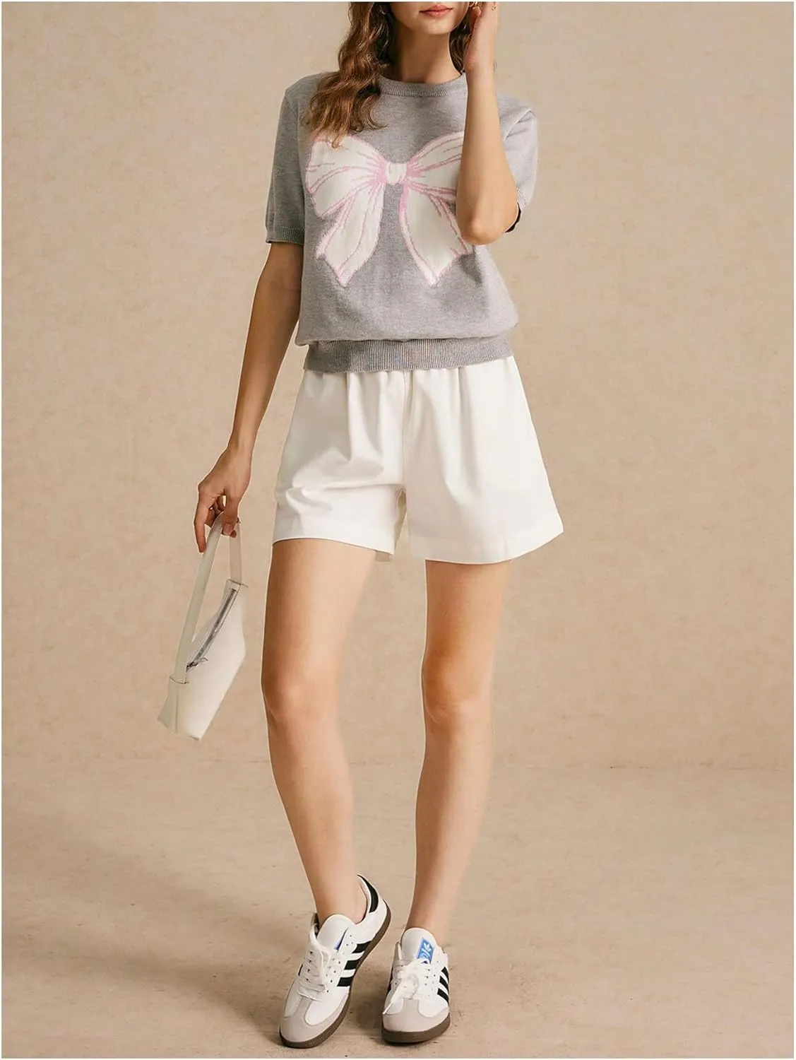 Women's Bow Print Crewneck Sweater Short Sleeve Knit Pullover Tops