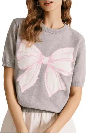 Women's Bow Print Crewneck Sweater Short Sleeve Knit Pullover Tops