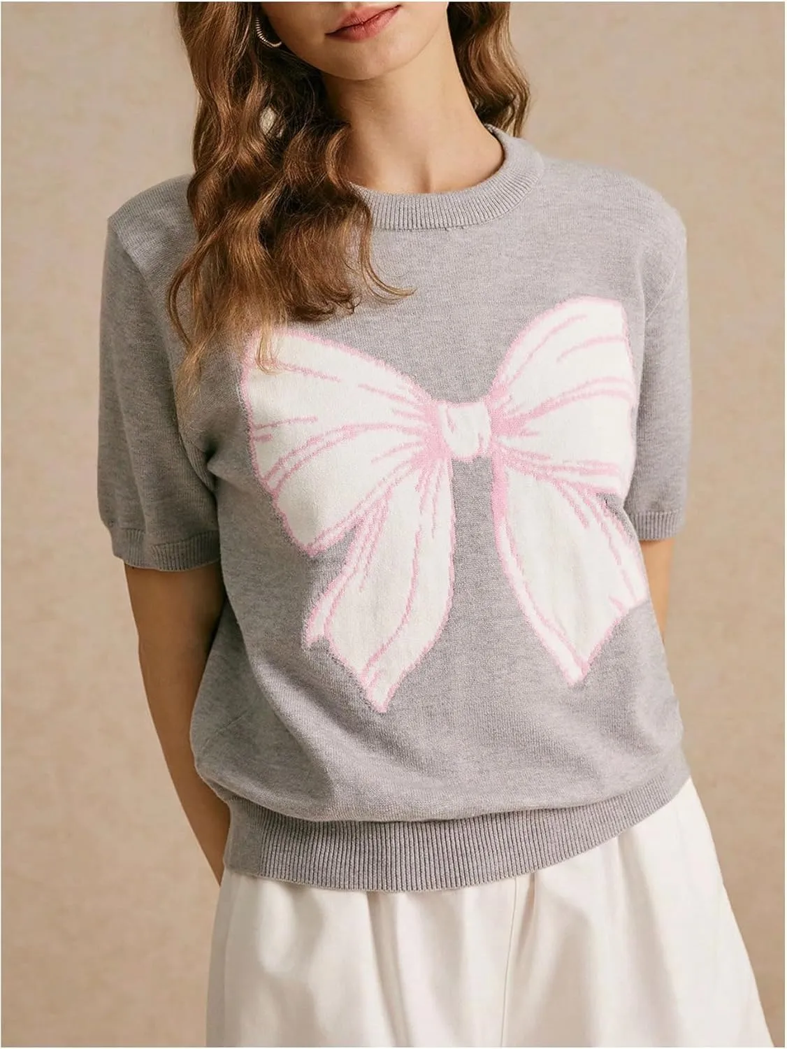 Women's Bow Print Crewneck Sweater Short Sleeve Knit Pullover Tops