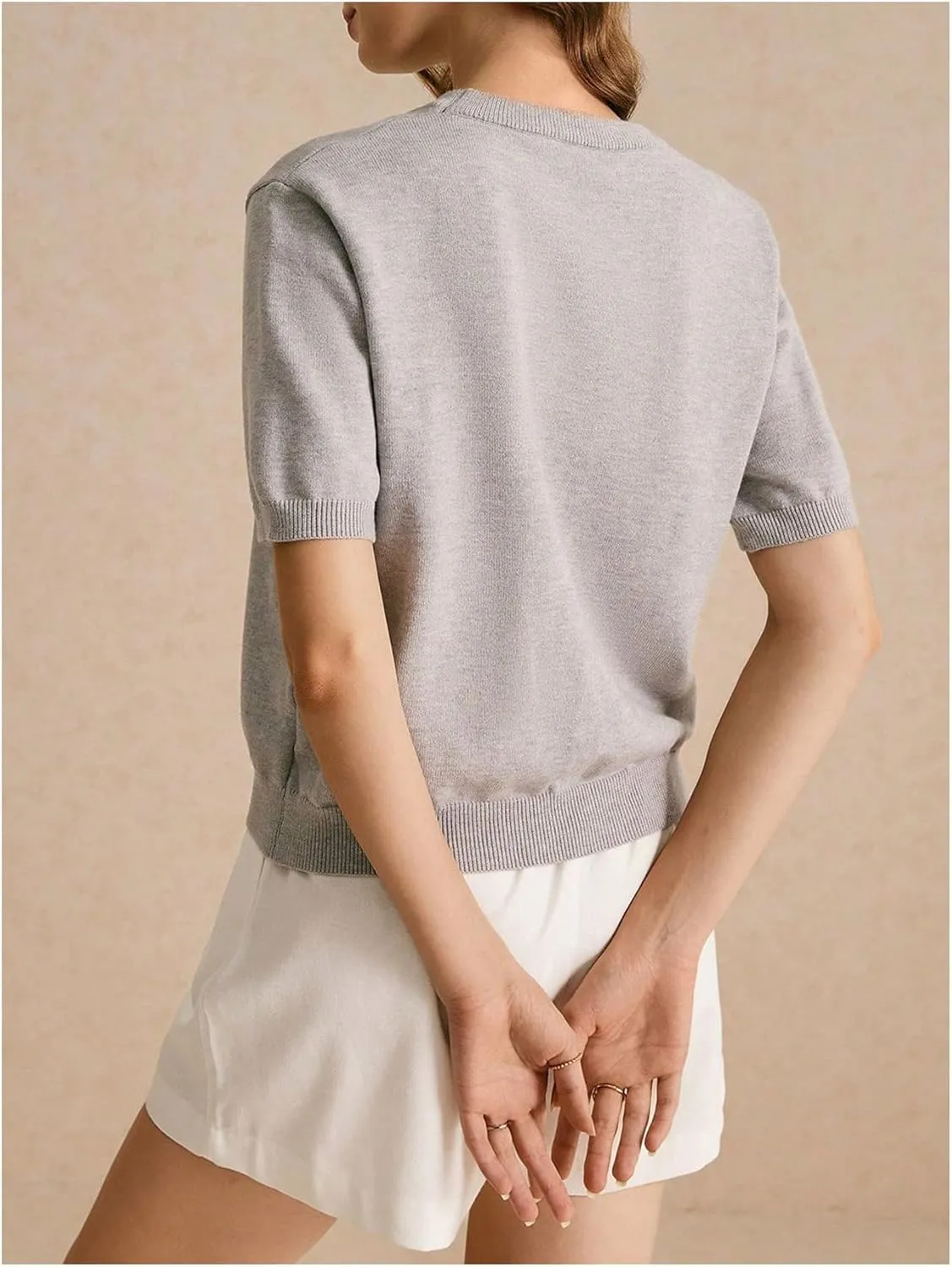Women's Bow Print Crewneck Sweater Short Sleeve Knit Pullover Tops