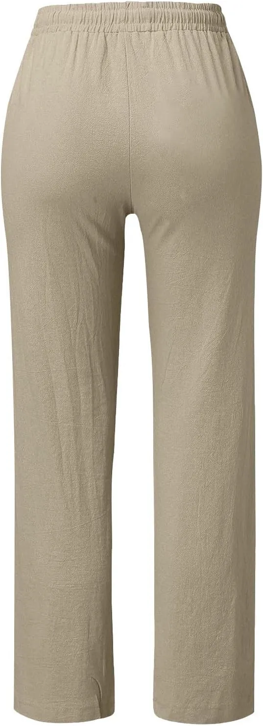 Womens Casual Linen High Waist Pants Drawstring Loose Fit Summer Pants Trousers with Side Pockets