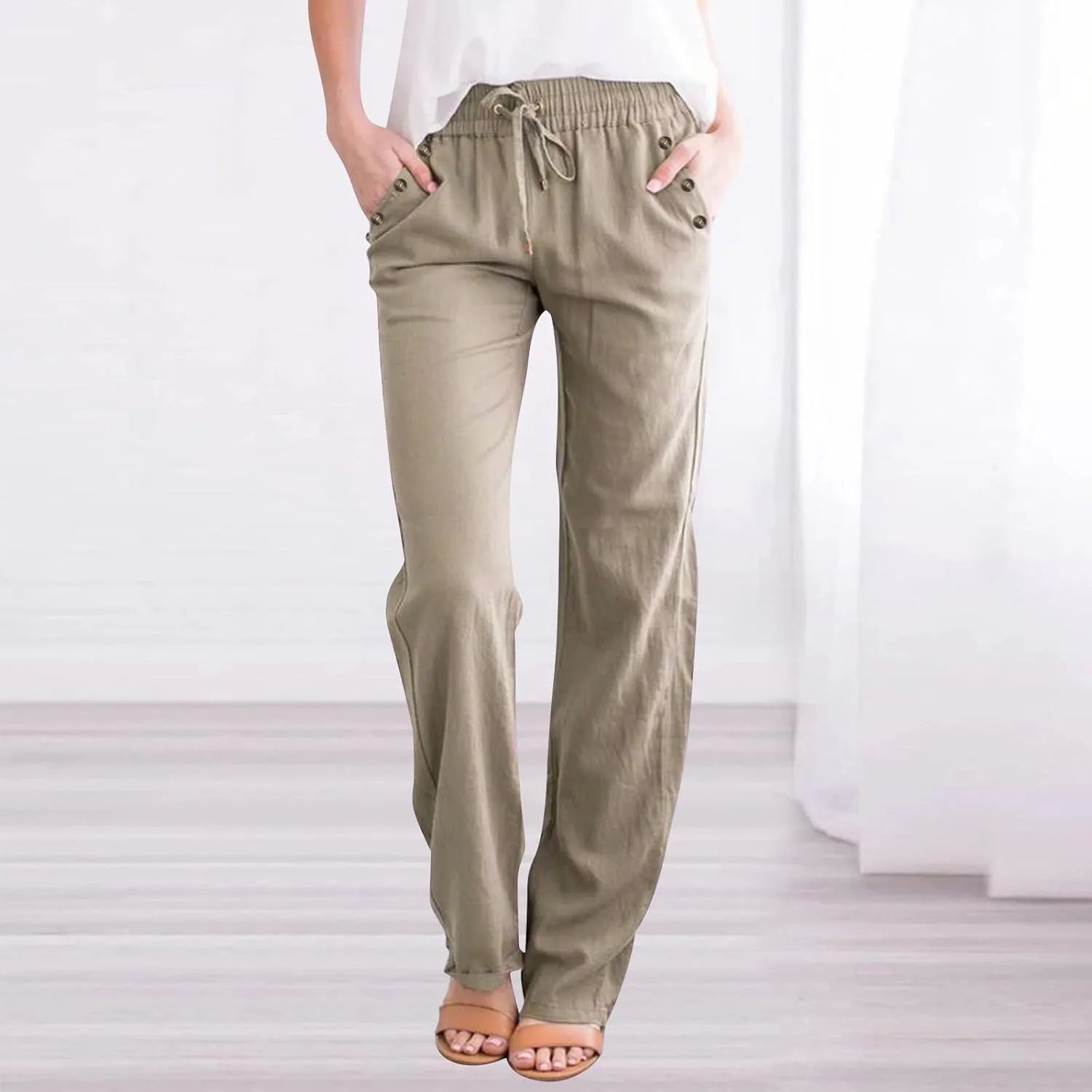 Womens Casual Linen High Waist Pants Drawstring Loose Fit Summer Pants Trousers with Side Pockets