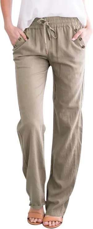 Womens Casual Linen High Waist Pants Drawstring Loose Fit Summer Pants Trousers with Side Pockets