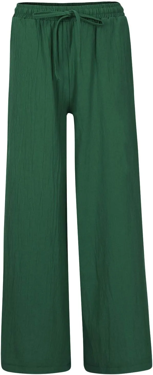 Women's Cotton Linen Long Lounge Pants High Waist Drawstring Loose Fit Wide Leg Pants Casual Trousers with Pockets