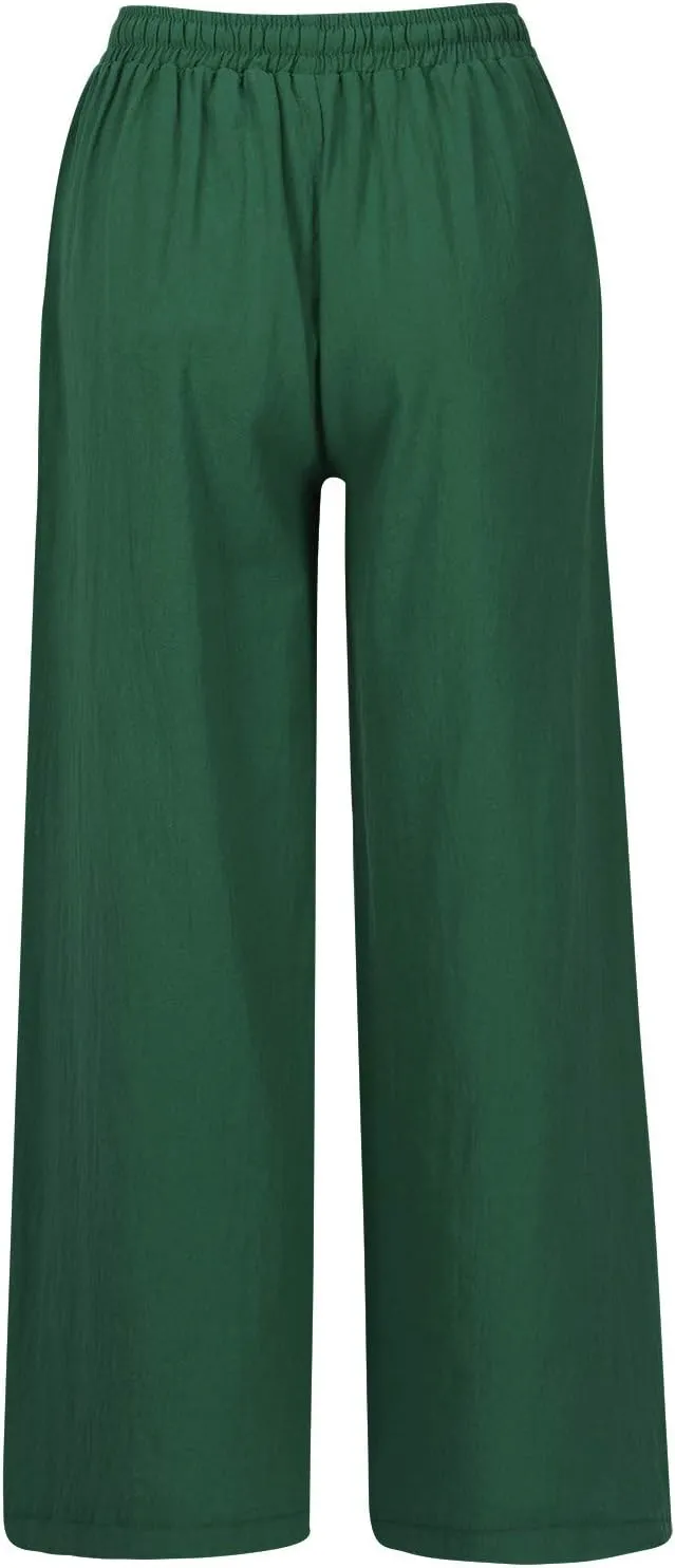 Women's Cotton Linen Long Lounge Pants High Waist Drawstring Loose Fit Wide Leg Pants Casual Trousers with Pockets