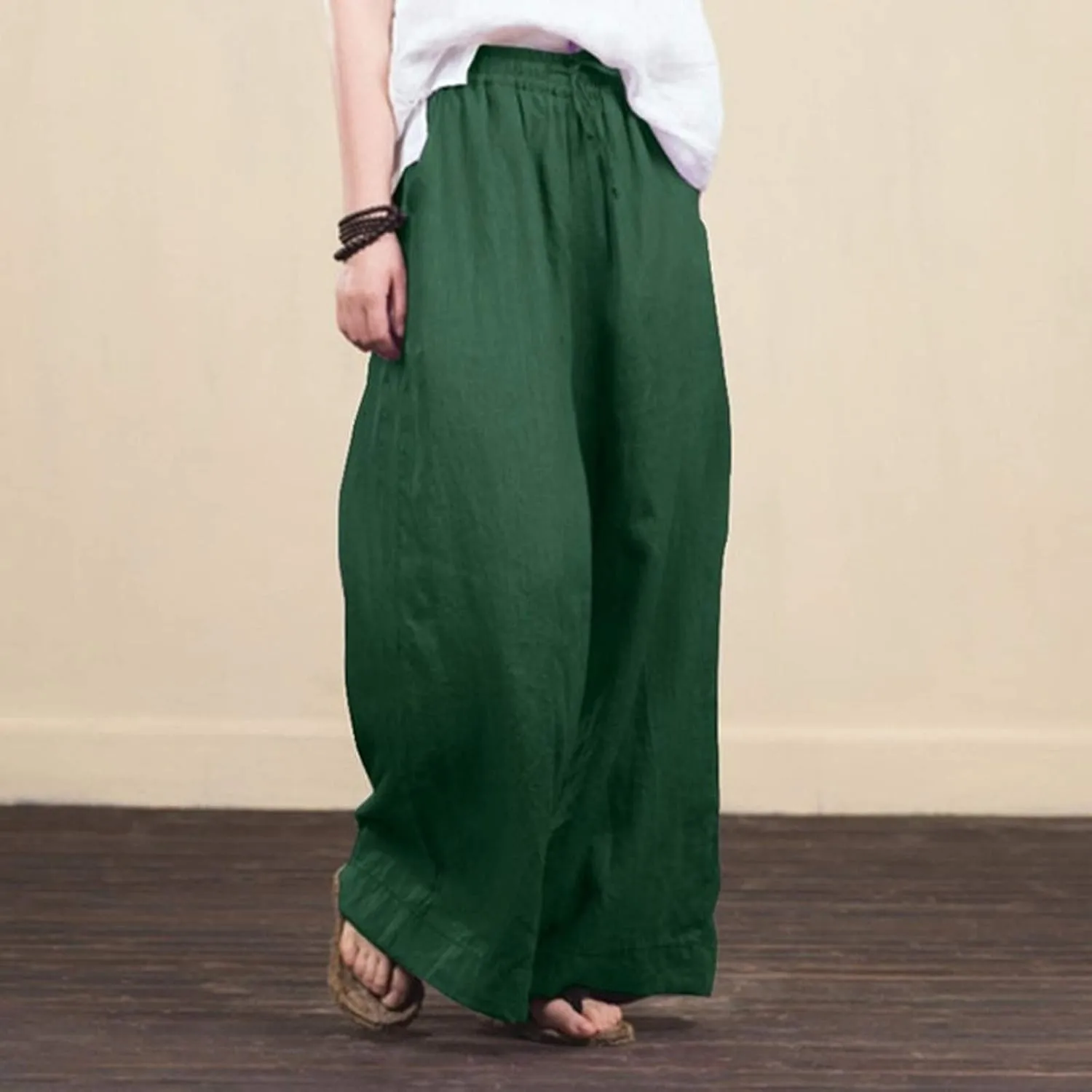 Women's Cotton Linen Long Lounge Pants High Waist Drawstring Loose Fit Wide Leg Pants Casual Trousers with Pockets