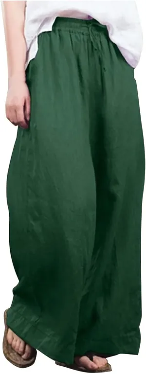Women's Cotton Linen Long Lounge Pants High Waist Drawstring Loose Fit Wide Leg Pants Casual Trousers with Pockets