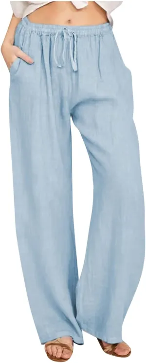 Women's Cotton Linen Pants Drawstring High Waisted Pants Casual Loose Fit Elastic Wasit 2024 Comfy Wide Leg Trousers