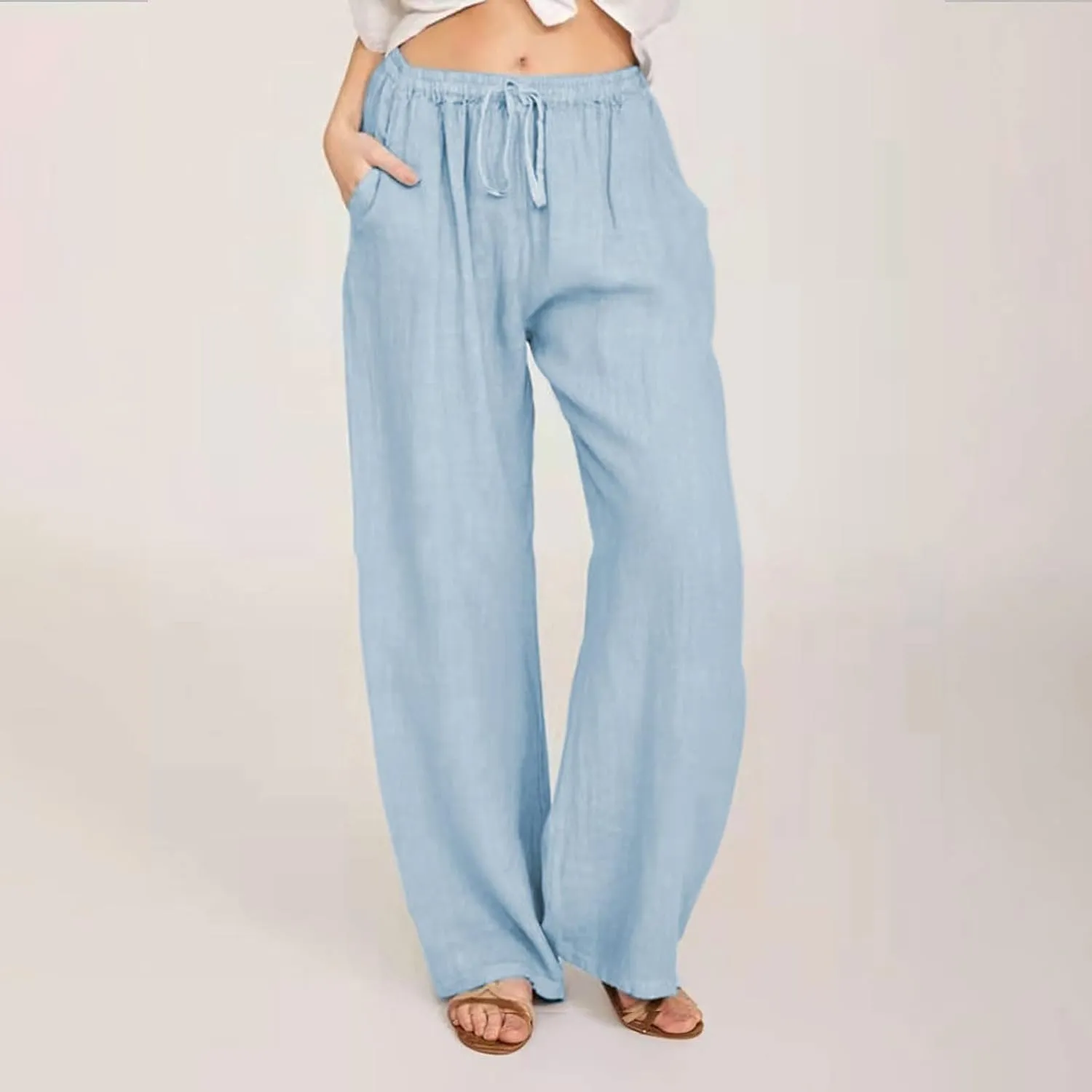 Women's Cotton Linen Pants Drawstring High Waisted Pants Casual Loose Fit Elastic Wasit 2024 Comfy Wide Leg Trousers