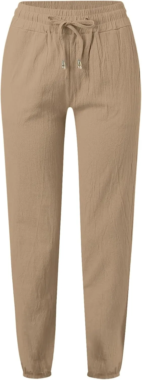 Women's Cotton Linen Pants High Waist Drawstring Elastic Pant Casual Slim Trousers with Pockets Summer Sweatpants