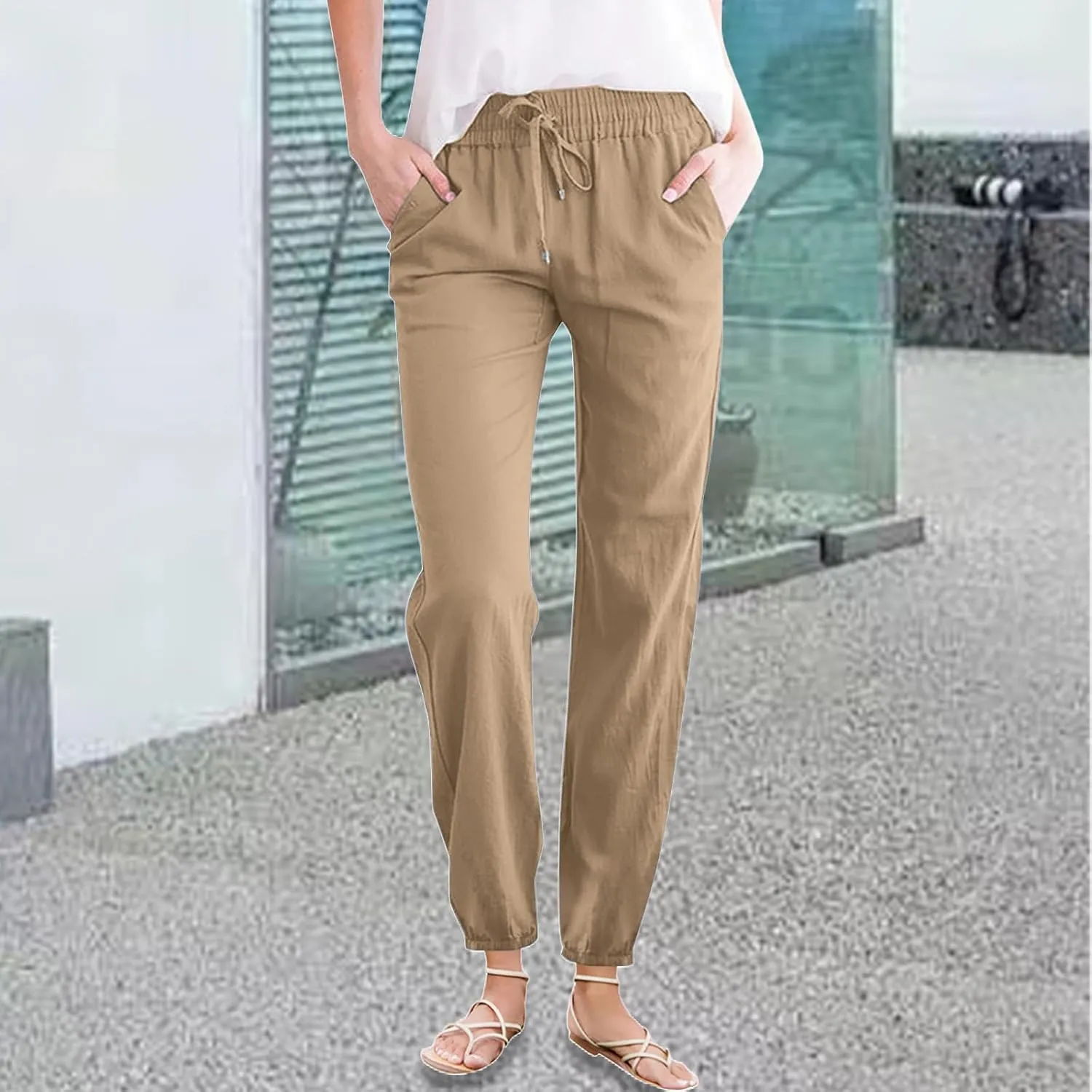 Women's Cotton Linen Pants High Waist Drawstring Elastic Pant Casual Slim Trousers with Pockets Summer Sweatpants