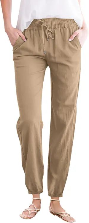 Women's Cotton Linen Pants High Waist Drawstring Elastic Pant Casual Slim Trousers with Pockets Summer Sweatpants