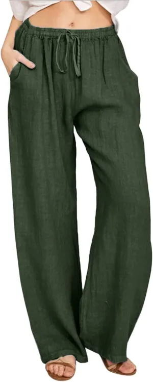 Womens Cotton Linen Summer Floral Palazzo Pants Elastic Waist Wide Leg Loose Fit Palazzo Pants Travel