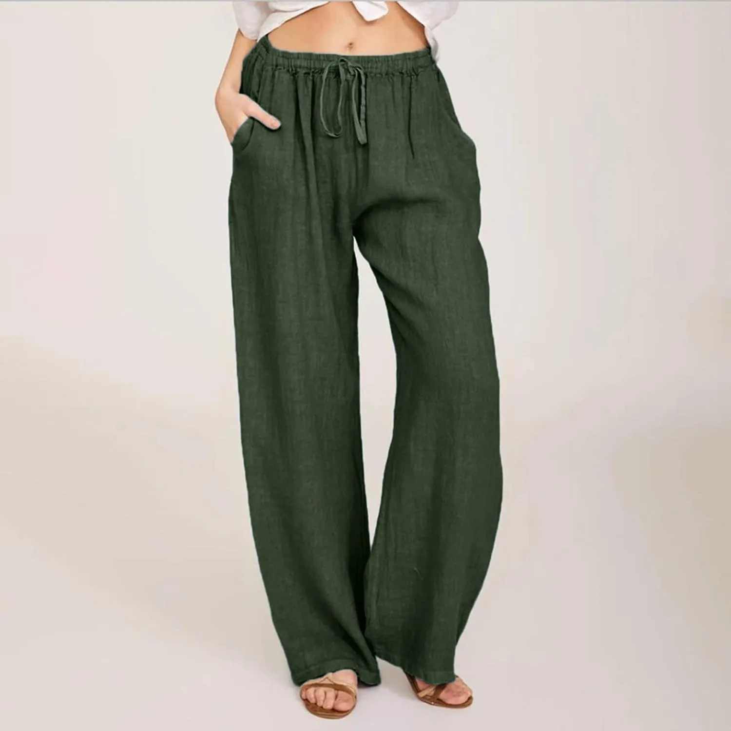 Womens Cotton Linen Summer Floral Palazzo Pants Elastic Waist Wide Leg Loose Fit Palazzo Pants Travel