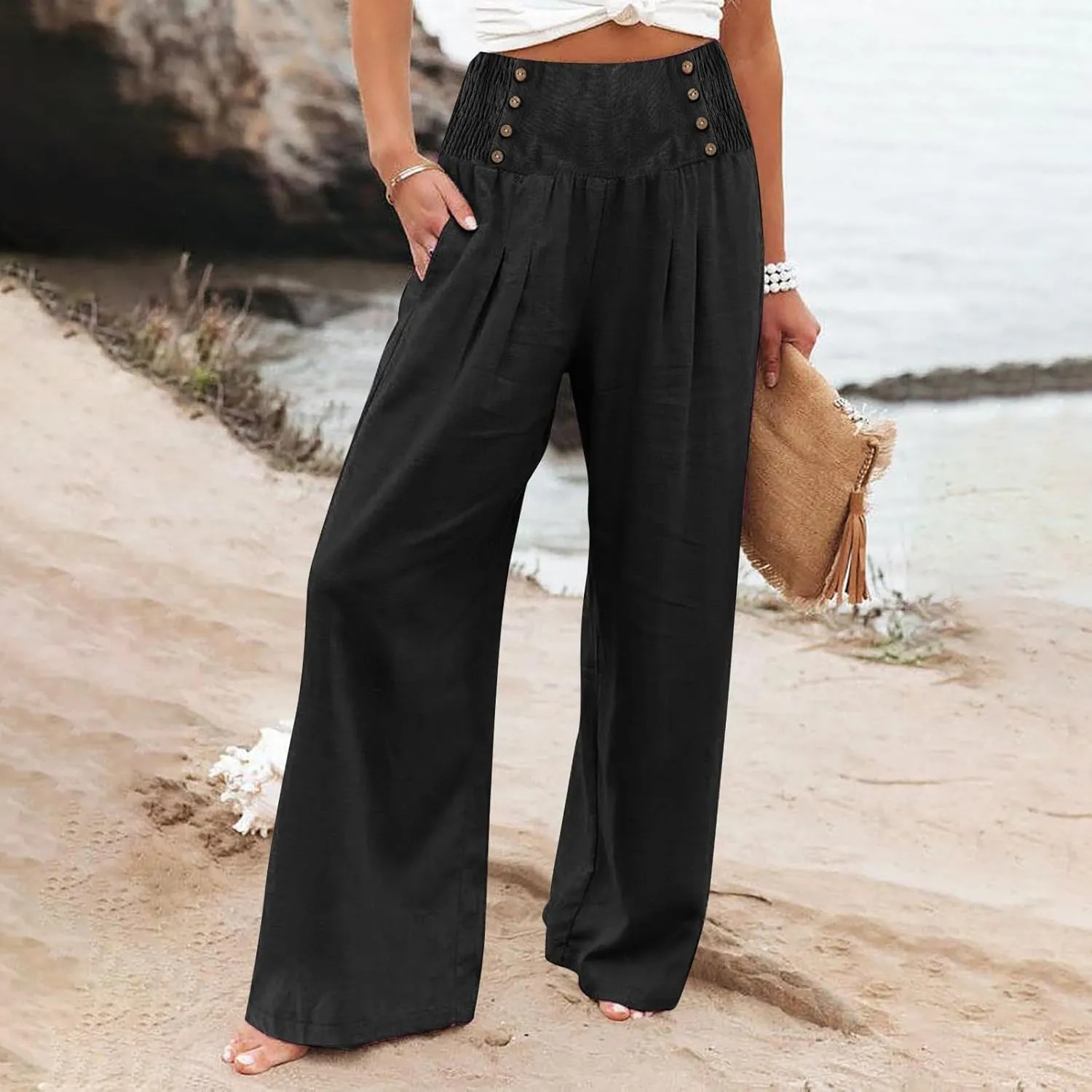 Womens Cotton Linen Summer Loose Palazzo Lounge Pants Elastic Waist Baggy Stretchy Plus Size Trouser Trendy