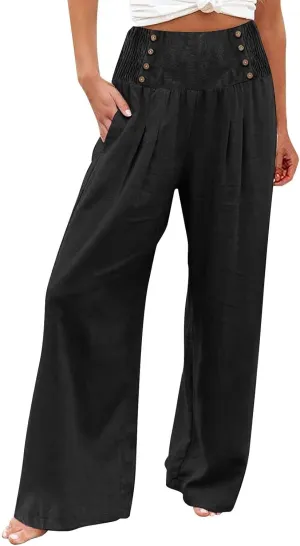 Womens Cotton Linen Summer Loose Palazzo Lounge Pants Elastic Waist Baggy Stretchy Plus Size Trouser Trendy