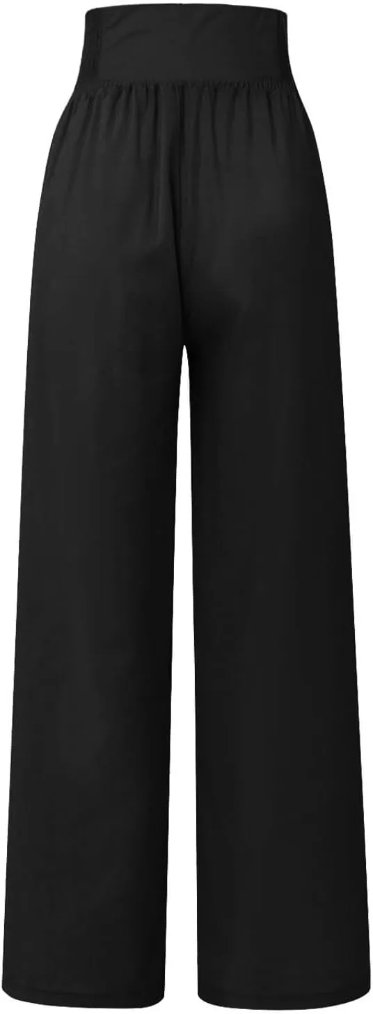 Womens Cotton Linen Summer Loose Palazzo Lounge Pants Elastic Waist Baggy Stretchy Plus Size Trouser Trendy