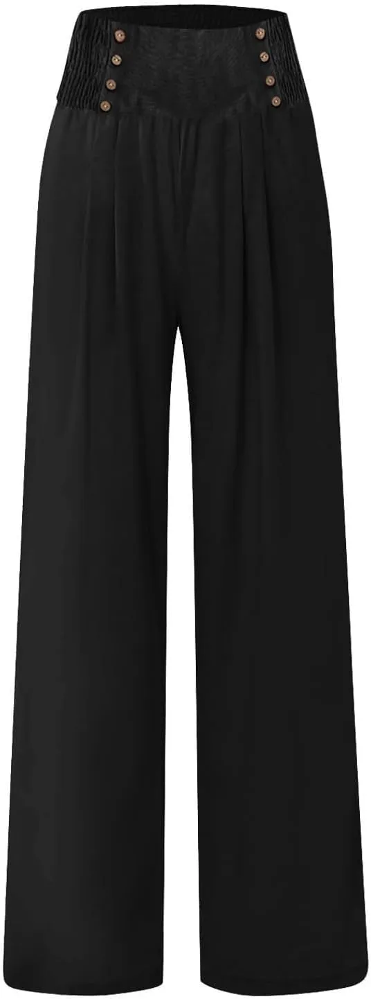 Womens Cotton Linen Summer Loose Palazzo Lounge Pants Elastic Waist Baggy Stretchy Plus Size Trouser Trendy