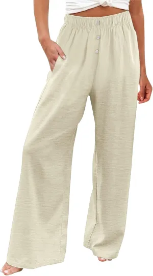 Women's High Waist Linen Pants Casual Loose Drawstring Pant Summer Palazzo Wide Leg Trousers Business Work Pants