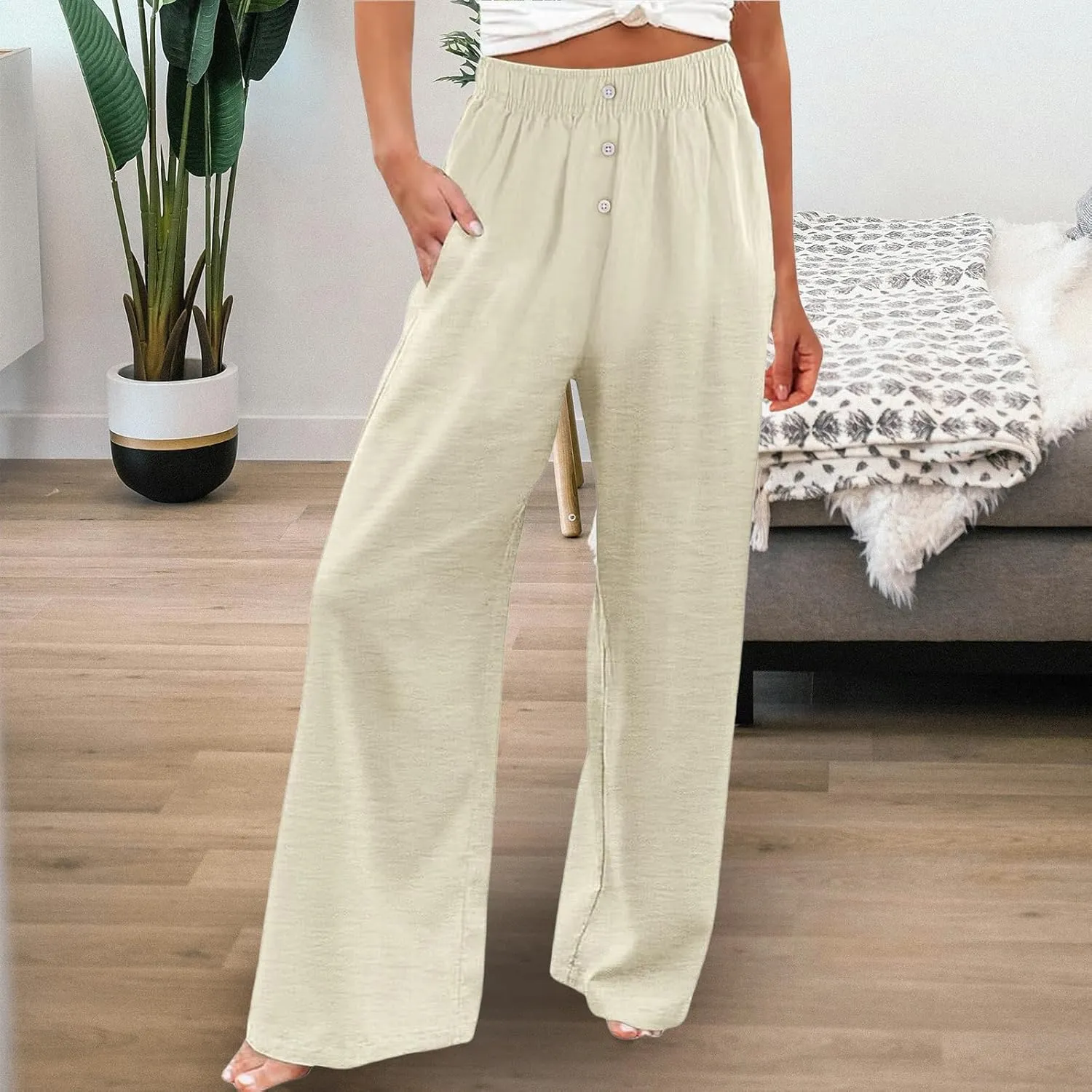 Women's High Waist Linen Pants Casual Loose Drawstring Pant Summer Palazzo Wide Leg Trousers Business Work Pants