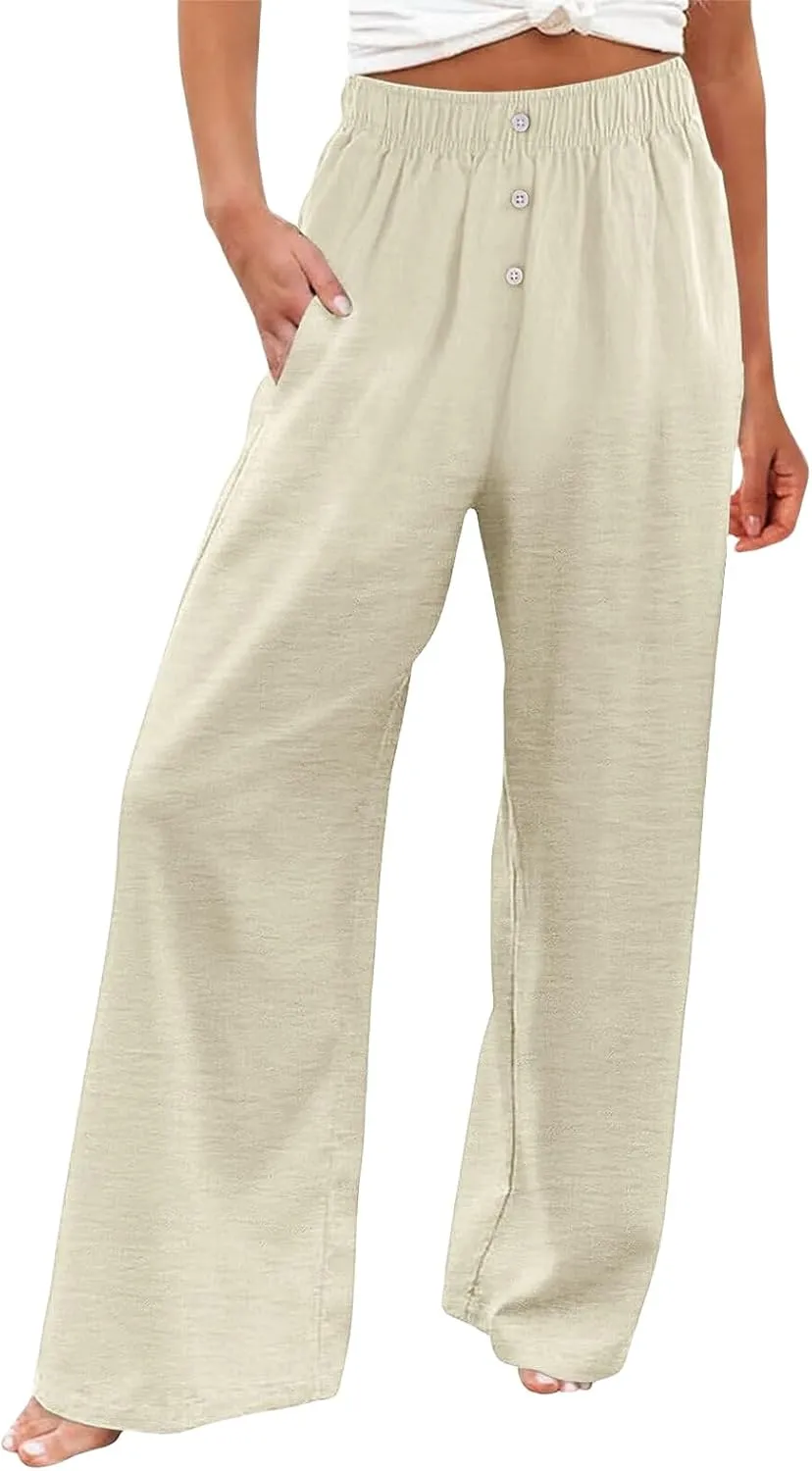 Women's High Waist Linen Pants Casual Loose Drawstring Pant Summer Palazzo Wide Leg Trousers Business Work Pants