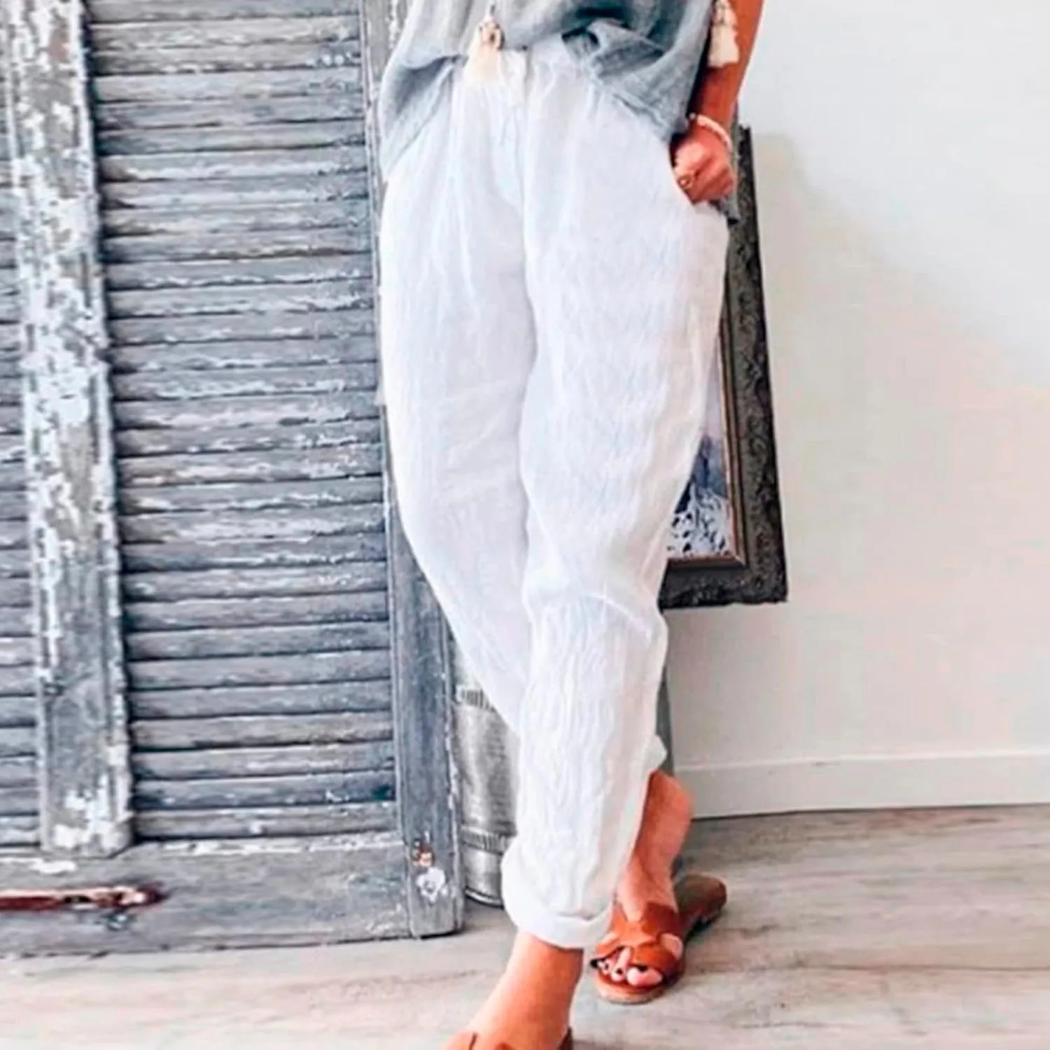 Womens Lightweight Summer Pants Casual Straight Leg Cotton Linen Comfy Elastic Waist Capri Yoga Beach Pants Trousers