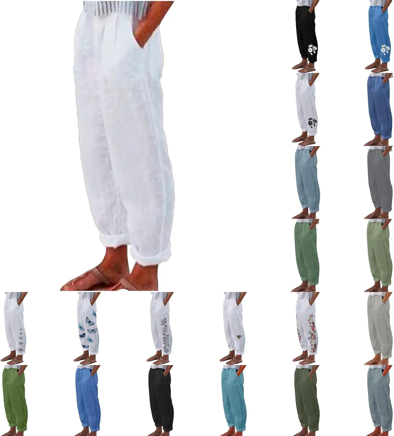 Womens Lightweight Summer Pants Casual Straight Leg Cotton Linen Comfy Elastic Waist Capri Yoga Beach Pants Trousers