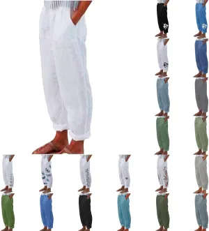 Womens Lightweight Summer Pants Casual Straight Leg Cotton Linen Comfy Elastic Waist Capri Yoga Beach Pants Trousers
