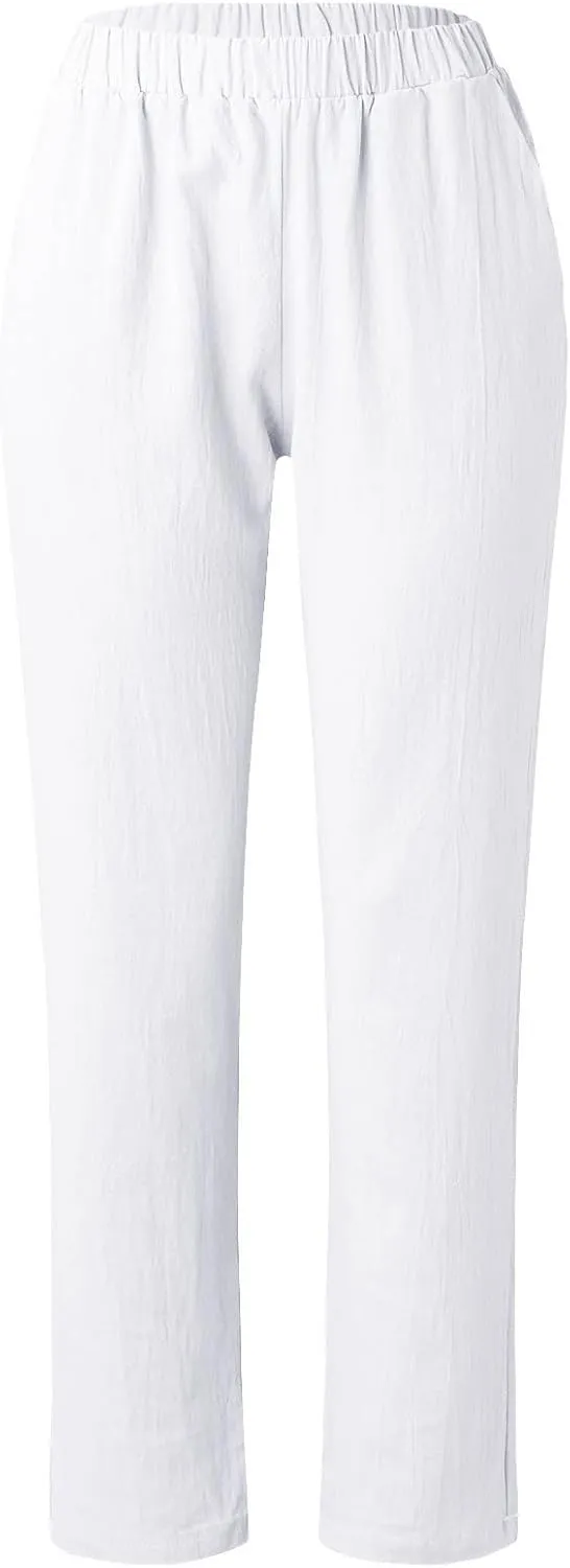 Womens Lightweight Summer Pants Casual Straight Leg Cotton Linen Comfy Elastic Waist Capri Yoga Beach Pants Trousers