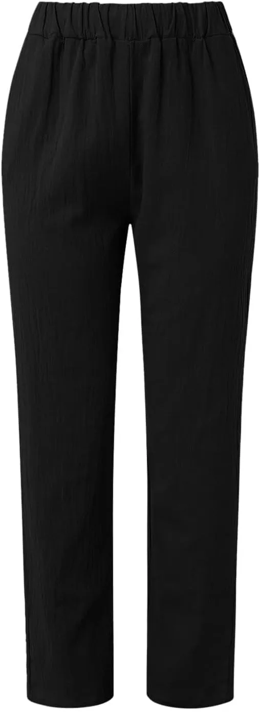 Womens Linen Pants Casual High Waist Straight Leg Pants Summer Comfy Cropped Pant Loose Fit Trousers with Pockets