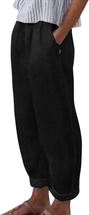Womens Linen Pants Casual High Waist Straight Leg Pants Summer Comfy Cropped Pant Loose Fit Trousers with Pockets