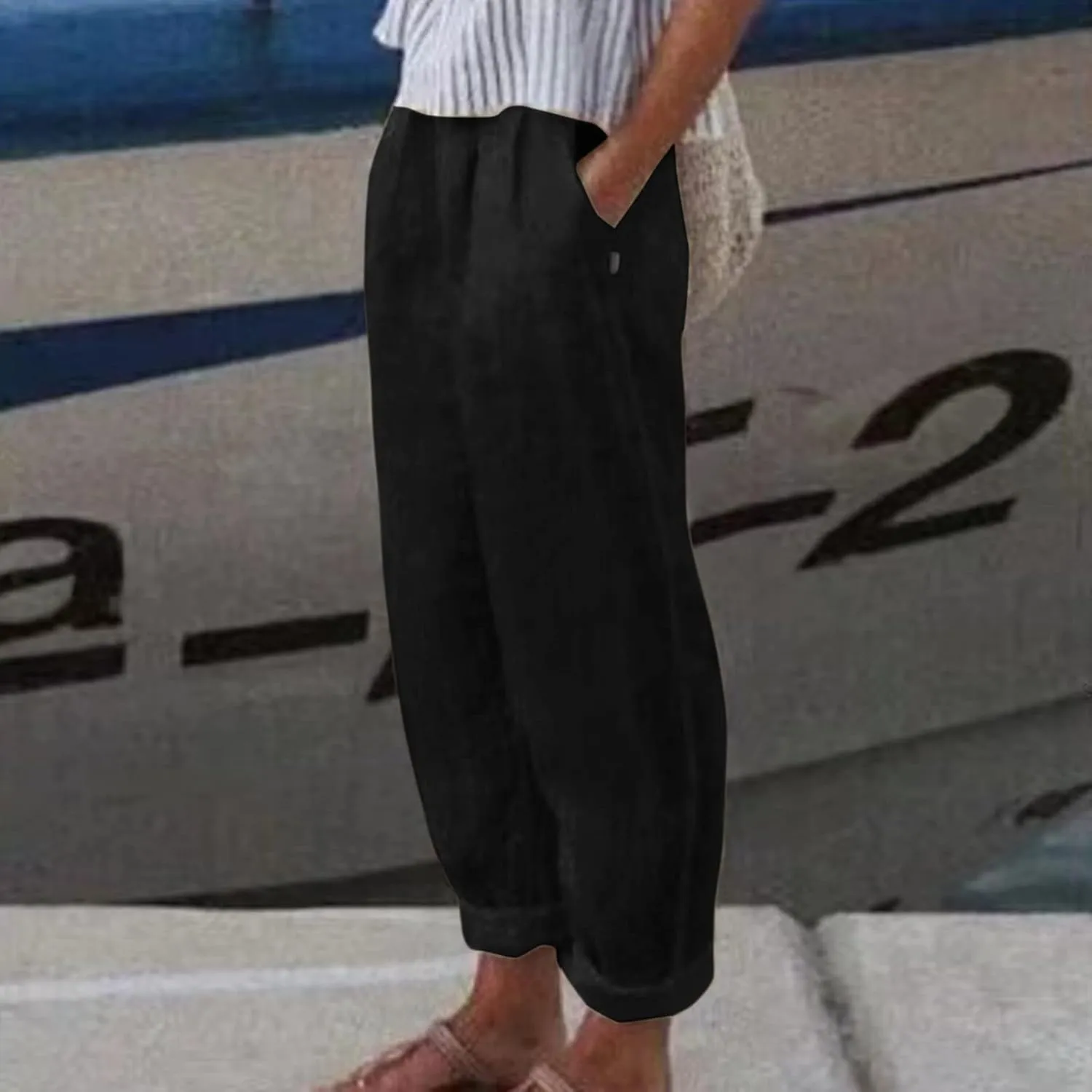 Womens Linen Pants Casual High Waist Straight Leg Pants Summer Comfy Cropped Pant Loose Fit Trousers with Pockets