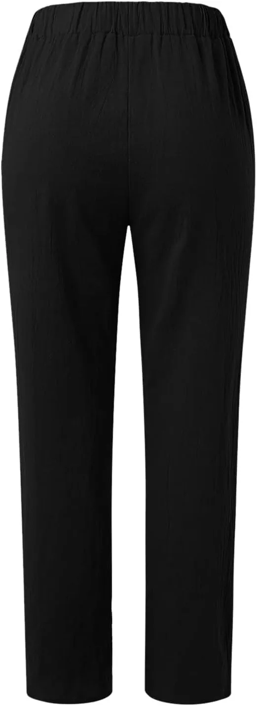 Womens Linen Pants Casual High Waist Straight Leg Pants Summer Comfy Cropped Pant Loose Fit Trousers with Pockets