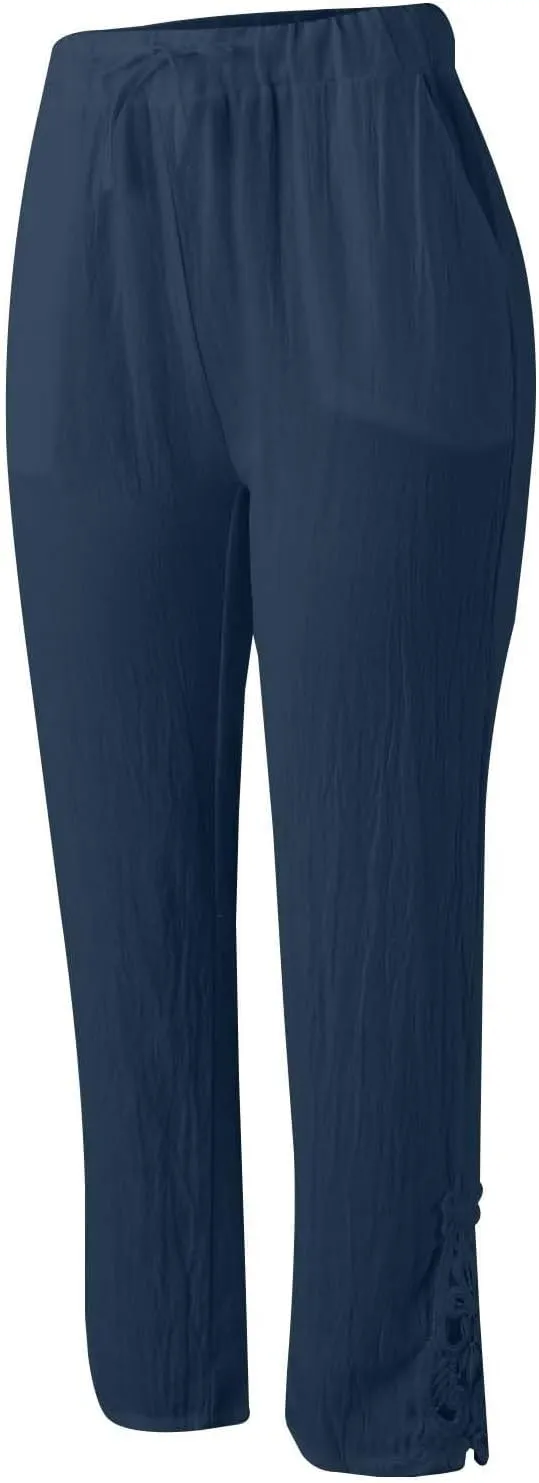 Womens Linen Summer Tie Knot Palazzo Lounge Pants High Waist Ankle Length Loose Fit Trouser Work Business