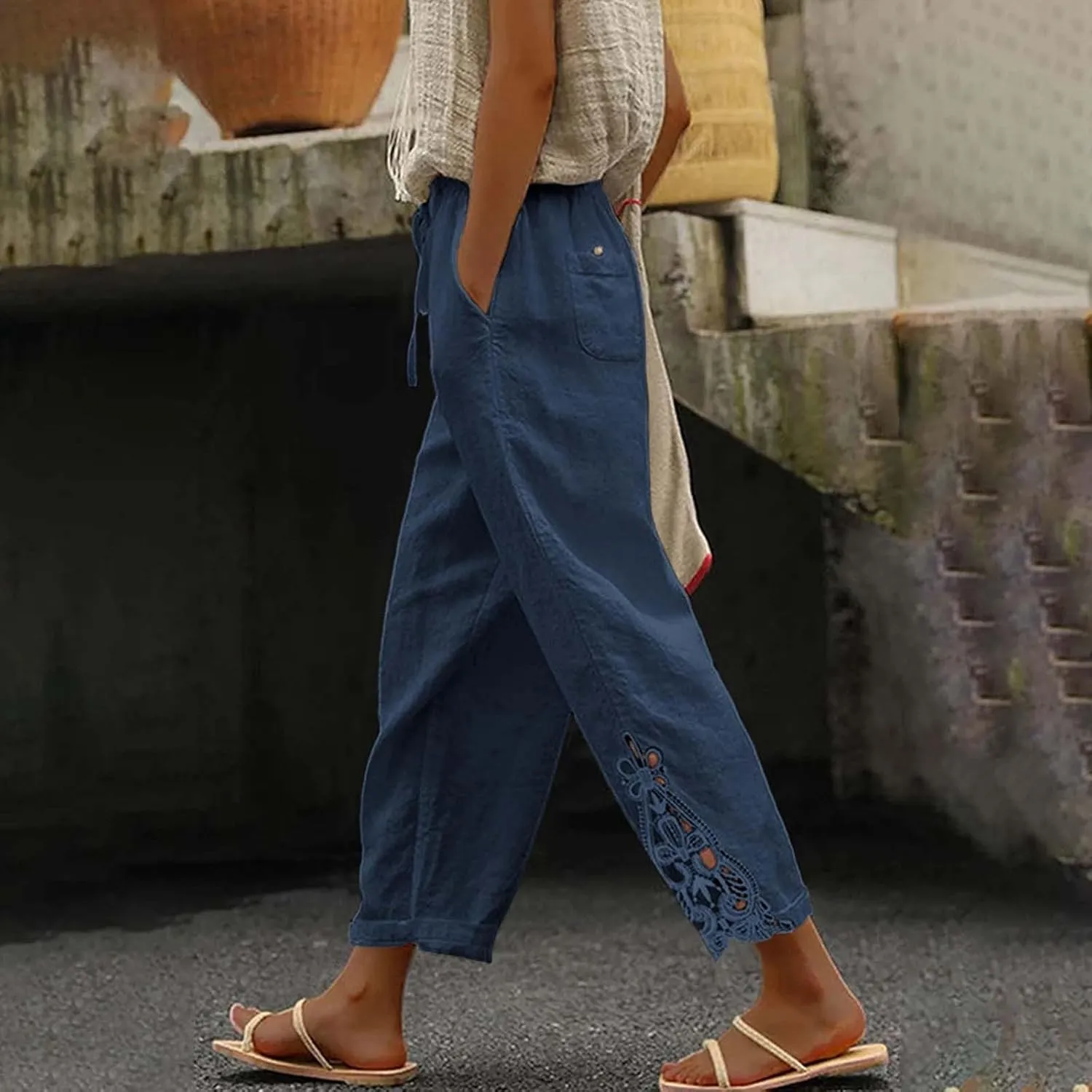 Womens Linen Summer Tie Knot Palazzo Lounge Pants High Waist Ankle Length Loose Fit Trouser Work Business