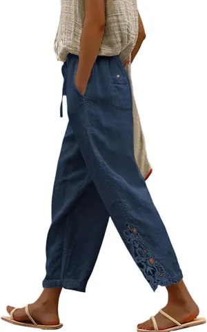 Womens Linen Summer Tie Knot Palazzo Lounge Pants High Waist Ankle Length Loose Fit Trouser Work Business