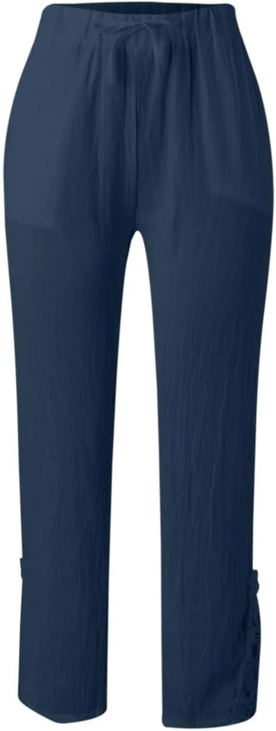 Womens Linen Summer Tie Knot Palazzo Lounge Pants High Waist Ankle Length Loose Fit Trouser Work Business