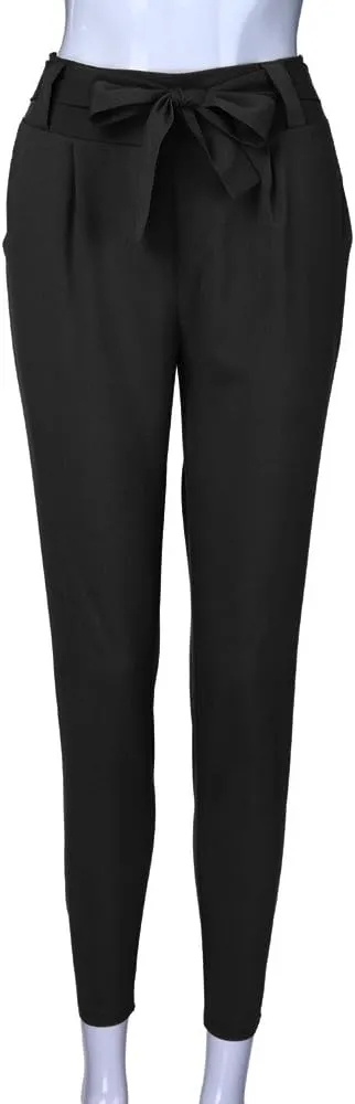 Women's Paper Bag Waist Pants Slim Fit Casual Office Pencil Trousers Elastic High Waist Bow-Knot Slacks with Pockets