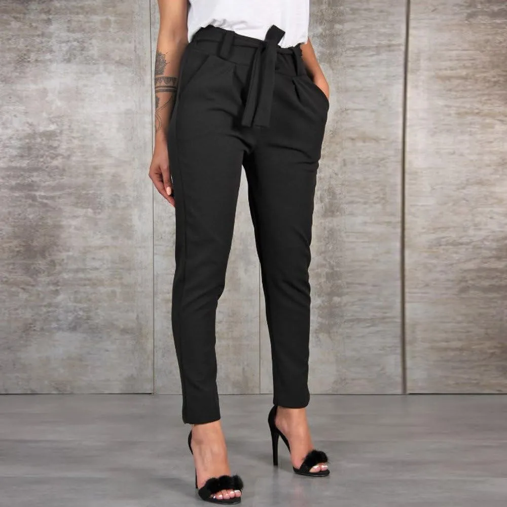 Women's Paper Bag Waist Pants Slim Fit Casual Office Pencil Trousers Elastic High Waist Bow-Knot Slacks with Pockets