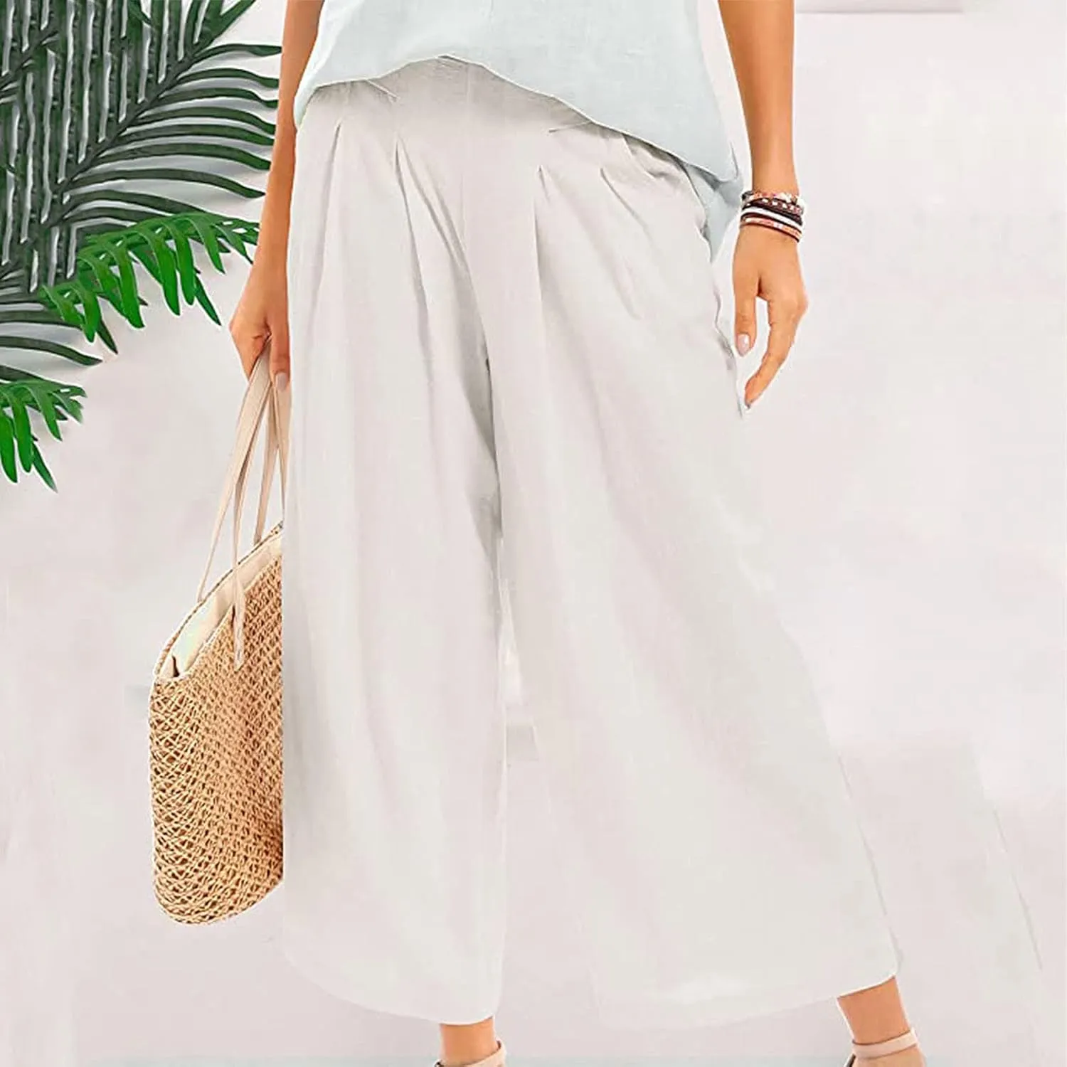 Womens Wide Leg Flare Pants Back Elastic High Waist Cotton Linen Solid Color Pants Summer Workout Capri Trousers with Pockets