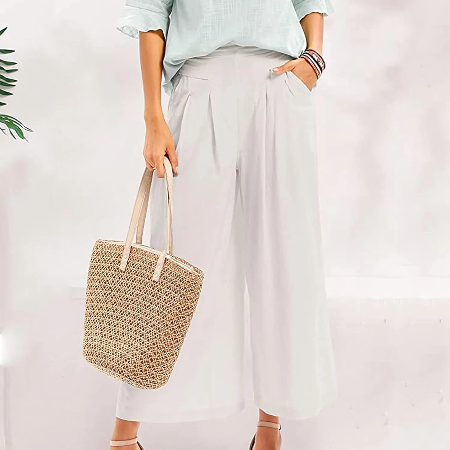 Womens Wide Leg Flare Pants Back Elastic High Waist Cotton Linen Solid Color Pants Summer Workout Capri Trousers with Pockets