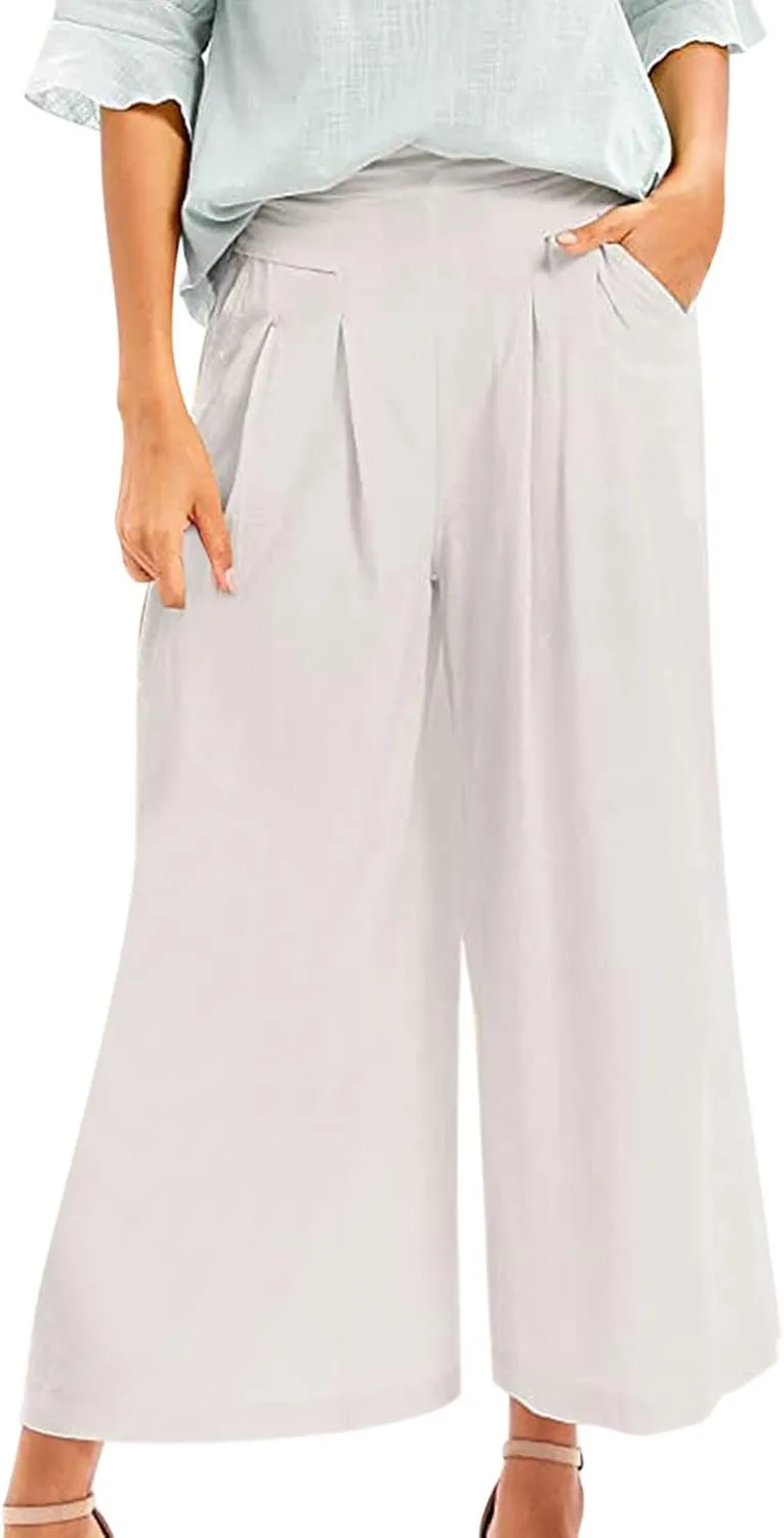 Womens Wide Leg Flare Pants Back Elastic High Waist Cotton Linen Solid Color Pants Summer Workout Capri Trousers with Pockets
