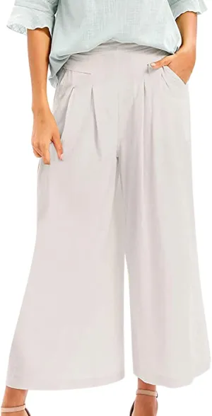 Womens Wide Leg Flare Pants Back Elastic High Waist Cotton Linen Solid Color Pants Summer Workout Capri Trousers with Pockets