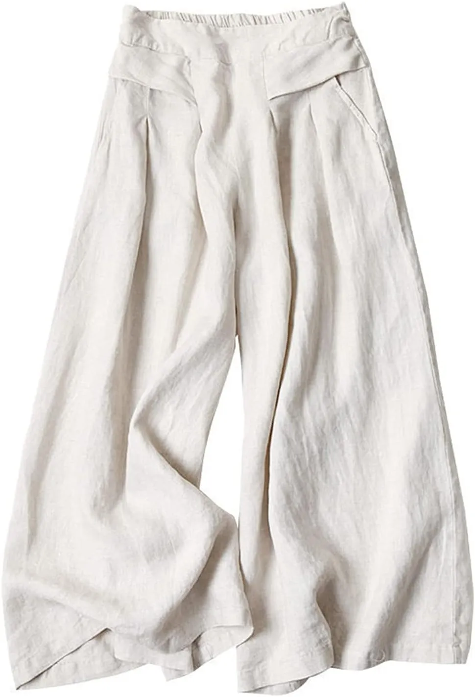 Womens Wide Leg Flare Pants Back Elastic High Waist Cotton Linen Solid Color Pants Summer Workout Capri Trousers with Pockets