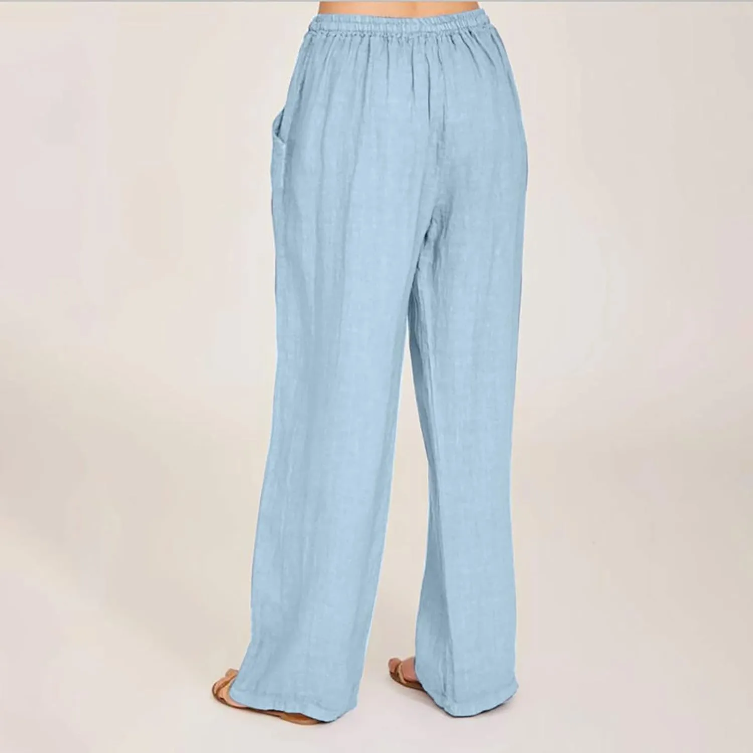 Xiaojmake Womens Linen Palazzo Pants Summer Loose Wide Leg Pants Drawstring Tie Elastic High Waist Trousers with Side Pockets
