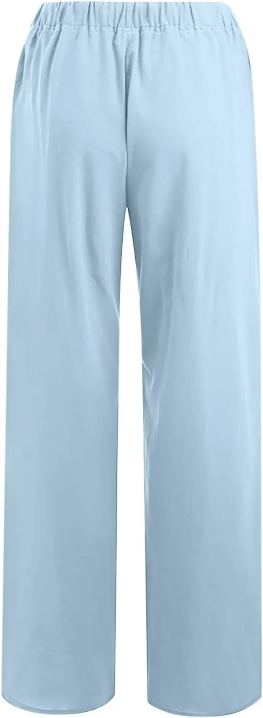 Xiaojmake Womens Linen Palazzo Pants Summer Loose Wide Leg Pants Drawstring Tie Elastic High Waist Trousers with Side Pockets