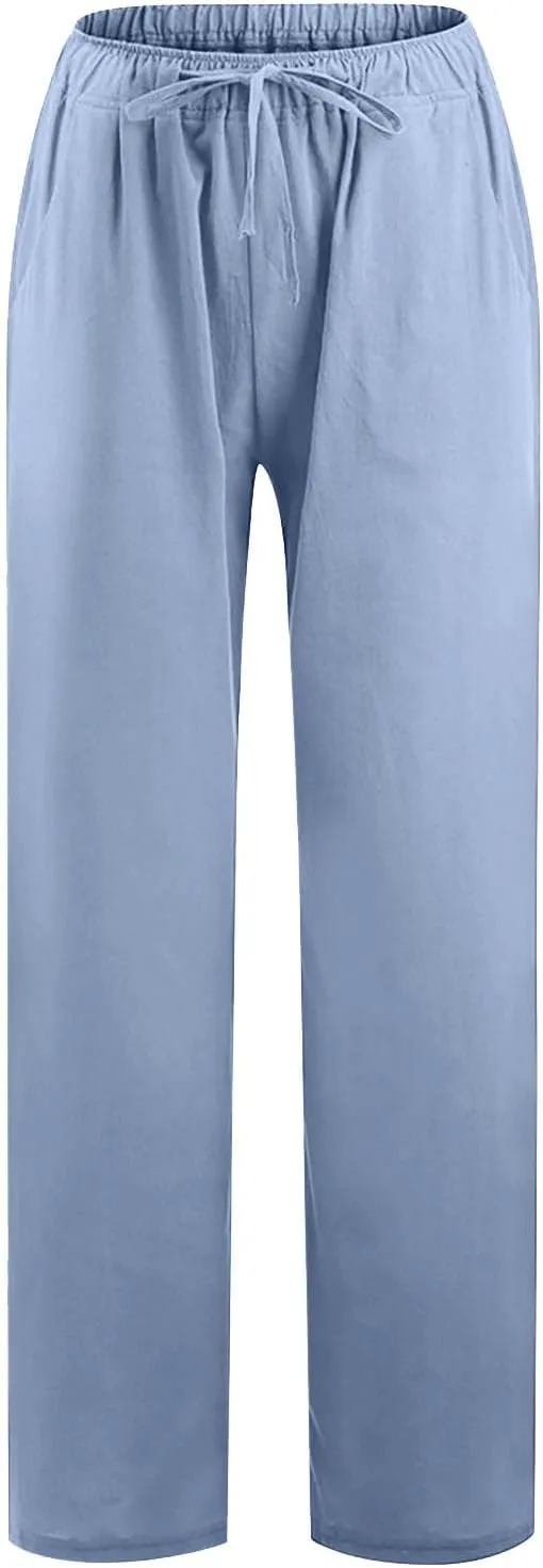 Xiaojmake Womens Linen Palazzo Pants Summer Loose Wide Leg Pants Drawstring Tie Elastic High Waist Trousers with Side Pockets