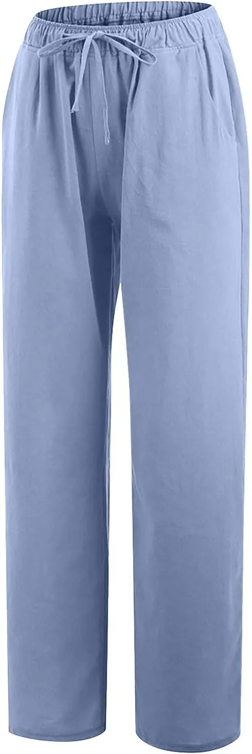 Xiaojmake Womens Linen Palazzo Pants Summer Loose Wide Leg Pants Drawstring Tie Elastic High Waist Trousers with Side Pockets